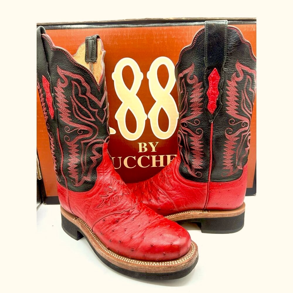 Lucchese 2000 7.5 Full Quill Ostrich Red Black Women’s Western Cowgirl Boots